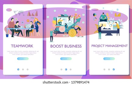 Set of web page design templates for business. Landing page shows the meeting and brainstorming, strategic partnership, crowdfunding and processing in the office or by the freelancer.