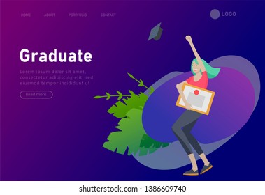 Set of web page design templates with smiling graduates people in graduation gowns holding diplomas and happy Jumping. Modern vector illustration concepts for website and mobile website development