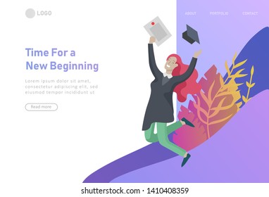 Set of web page design templates with smiling graduates people in graduation gowns holding diplomas and happy Jumping. Modern vector illustration concepts for website and mobile website development