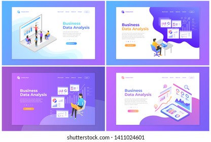 Set of web page design templates for data analysis, digital marketing, teamwork, business strategy and analysis. Modern vector illustration concepts for website and mobile website development.