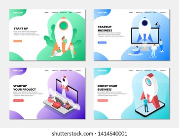 Set of web page design templates. Business startup, startup your project, boost your business. Startup landing pages. Modern web pages for web sites.