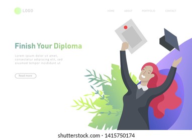 Set of web page design templates with smiling graduates people in graduation gowns holding diplomas and happy Jumping. Modern vector illustration concepts for website and mobile website development