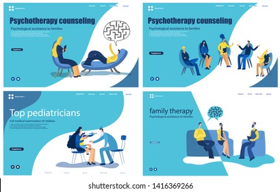 Set of web page design templates for Psychology service.
 Consultation talking to psychologist. , private counseling, family psychology concept. Website landing web page template. Vector illustration