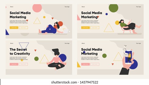 Set of web page design templates, digital marketing, business strategy and social media marketing (SMM). Modern vector illustration concepts for website and mobile website development