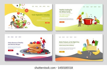 Set of web page design templates for Healthy cooking, recipes, fresh vegetables, grocery store or market . Vector illustration in a flat style can be used for poster, banner, website, presentation.