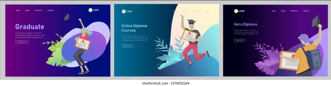 Set of web page design templates with relaxed learning people outdoor and graduate for online education, training and courses. Modern vector illustration concepts for website