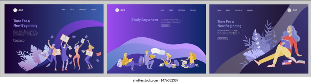 Set of web page design templates with relaxed learning people outdoor and graduate for online education, training and courses. Modern vector illustration concepts for website