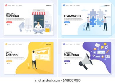 Set of web page design templates for online shopping, digital marketing, teamwork, and data analysis. Modern vector illustration concepts for website. Easy to edit and customize