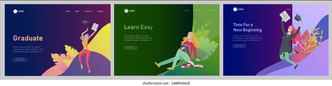 Set of web page design templates with relaxed learning people outdoor and graduate for online education, training and courses. Modern vector illustration concepts for website