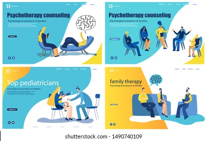 Set of web page design templates for Psychology service.
 Consultation talking to psychologist. , private counseling, family psychology concept. Website landing web page template. Vector illustration