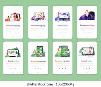 Set of web page design templates for online shopping, digital marketing, social media, summer vacation. Modern vector illustration concepts for website and mobile website development.