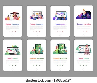 Set of web page design templates for online shopping, digital marketing, social media, summer vacation. Modern vector illustration concepts for website and mobile website development.