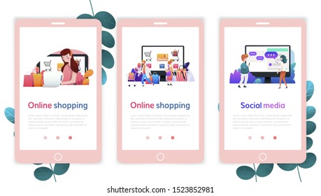Set of web page design templates for online shopping, digital marketing, social media. Modern vector illustration concepts for website and mobile website development.