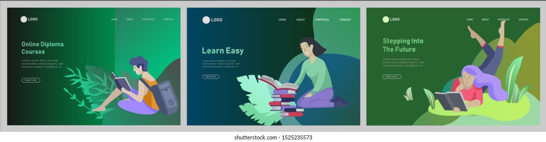 Set of web page design templates with relaxed learning people outdoor and graduate for online education, training and courses. Modern vector illustration concepts for website