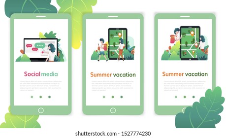 Set of web page design templates for social media, summer vacation. Modern vector illustration concepts for website and mobile website development.