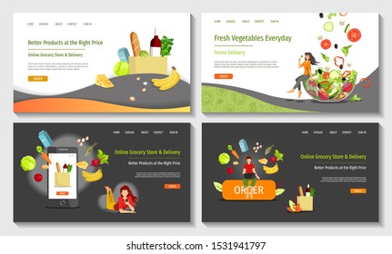 Set of web page design templates for Fresh vegetables, grocery store or market, Home delivery. Vector illustration in a flat style can be used for poster, banner, website, presentation.