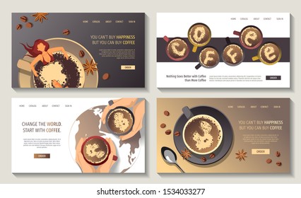 Set of Web page design templates for coffee lovers, cafe bar, coffee shop and e-commerce. Vector illustration for poster, banner and website development.