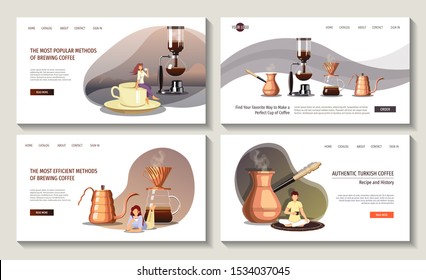 Set of web page design templates for coffee, cafe bar, coffee shop and coffee makers. Pour-over, Turkish coffee, Syphon, Gooseneck kettle. Vector illustration for poster, banner and website.