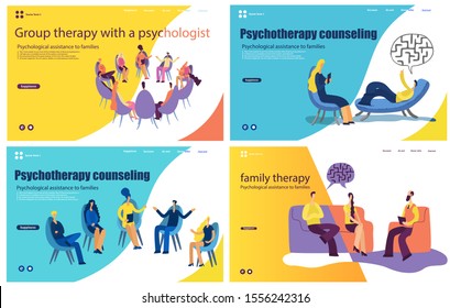 Set of web page design templates for Psychology service.
 Consultation talking to psychologist. , private counseling, family psychology concept. Website landing web page template. Vector illustration