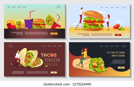 Set of web page design templates for fast food, cooking, cafe and restaurant menu, food ordering, junk food. Burger, Kebab, Tacos. Vector illustration perfect for banner, poster, website.