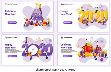 Set of web page design templates for Happy new year 2020, People celebrate new year, Christmas. Can use for web banner, poster, infographics, landing page, web template. Flat vector illustration