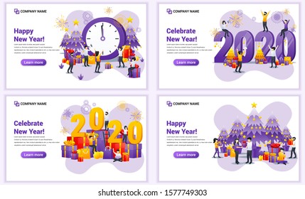 Set of web page design templates for Happy new year 2020, People celebrate new year, Christmas. Can use for web banner, poster, infographics, landing page, web template. Flat vector illustration