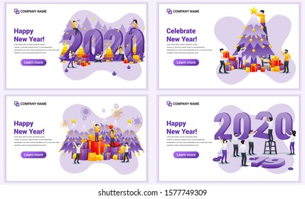 Set of web page design templates for Happy new year 2020, People celebrate new year, Christmas. Can use for web banner, poster, infographics, landing page, web template. Flat vector illustration