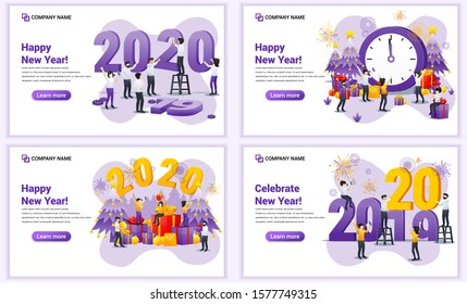 Set of web page design templates for Happy new year 2020, People celebrate new year, Christmas. Can use for web banner, poster, infographics, landing page, web template. Flat vector illustration