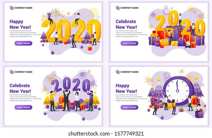 Set of web page design templates for Happy new year 2020, People celebrate new year, Christmas. Can use for web banner, poster, infographics, landing page, web template. Flat vector illustration