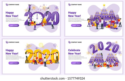 Set of web page design templates for Happy new year 2020, People celebrate new year, Christmas. Can use for web banner, poster, infographics, landing page, web template. Flat vector illustration