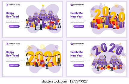 Set of web page design templates for Happy new year 2020, People celebrate new year, Christmas. Can use for web banner, poster, infographics, landing page, web template. Flat vector illustration