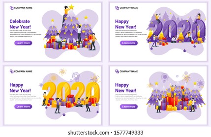 Set of web page design templates for Happy new year 2020, People celebrate new year, Christmas. Can use for web banner, poster, infographics, landing page, web template. Flat vector illustration