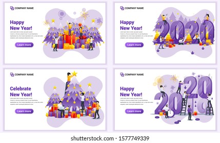 Set of web page design templates for Happy new year 2020, People celebrate new year, Christmas. Can use for web banner, poster, infographics, landing page, web template. Flat vector illustration