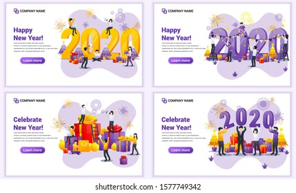 Set of web page design templates for Happy new year 2020, People celebrate new year, Christmas. Can use for web banner, poster, infographics, landing page, web template. Flat vector illustration