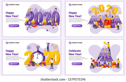 Set of web page design templates for Happy new year 2020, People celebrate new year, Christmas. Can use for web banner, poster, infographics, landing page, web template. Flat vector illustration