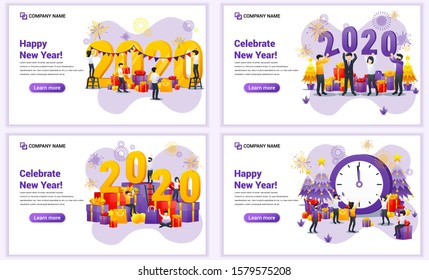 Set of web page design templates for Happy new year 2020, People celebrate new year, Christmas. Can use for web banner, poster, infographics, landing page, web template. Flat vector illustration