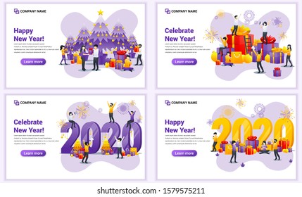 Set of web page design templates for Happy new year 2020, People celebrate new year, Christmas. Can use for web banner, poster, infographics, landing page, web template. Flat vector illustration