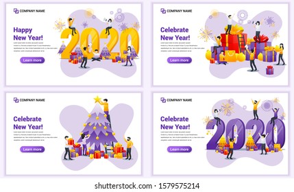 Set of web page design templates for Happy new year 2020, People celebrate new year, Christmas. Can use for web banner, poster, infographics, landing page, web template. Flat vector illustration