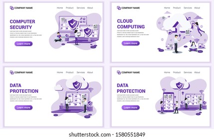 Set of web page design templates for computer security, cloud computing, data protection. Can use for web banner, poster, infographics, landing page, web template. Flat vector illustration