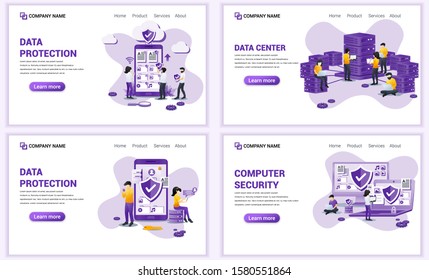 Set of web page design templates for data protection, data center, computer security. Can use for web banner, poster, infographics, landing page, web template. Flat vector illustration