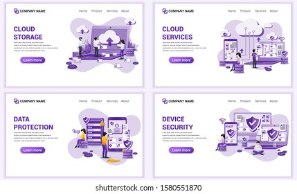 Set of web page design templates for cloud storage, data security. Can use for web banner, poster, infographics, landing page, web template. Flat vector illustration