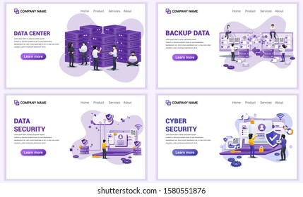 Set of web page design templates for data center, cyber security, backup data. Can use for web banner, poster, infographics, landing page, web template. Flat vector illustration