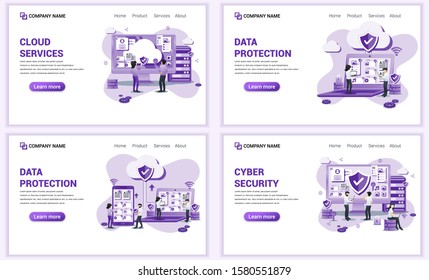 Set of web page design templates for cloud services, data protection, cyber security. Can use for web banner, poster, infographics, landing page, web template. Flat vector illustration