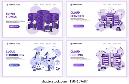 Set of web page design templates for cloud hosting, cloud technology and hosting. Can use for web banner, poster, infographics, landing page, web template. Flat vector illustration