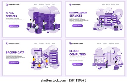 Set of web page design templates for backup data, cloud computing, data management services. Can use for web banner, poster, infographics, landing page, web template. Flat vector illustration