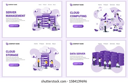 Set of web page design templates for cloud storage, data center, server management. Can use for web banner, poster, infographics, landing page, web template. Flat vector illustration