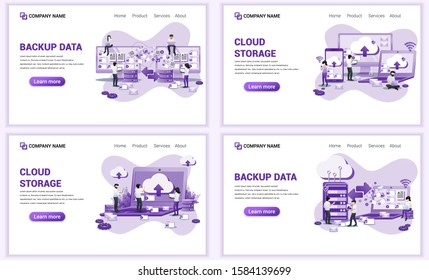 Set of web page design templates for backup data, cloud storage. Can use for web banner, poster, infographics, landing page, web template. Flat vector illustration