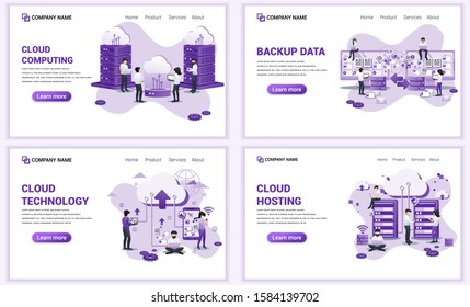 Set of web page design templates for backup data, cloud computing, cloud hosting. Can use for web banner, poster, infographics, landing page, web template. Flat vector illustration