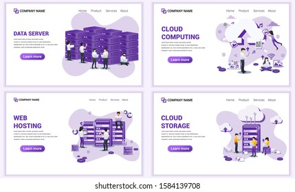 Set of web page design templates for cloud computing, data server, web hosting. Can use for web banner, poster, infographics, landing page, web template. Flat vector illustration