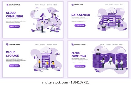 Set of web page design templates for cloud computing, cloud storage, data center. Can use for web banner, poster, infographics, landing page, web template. Flat vector illustration